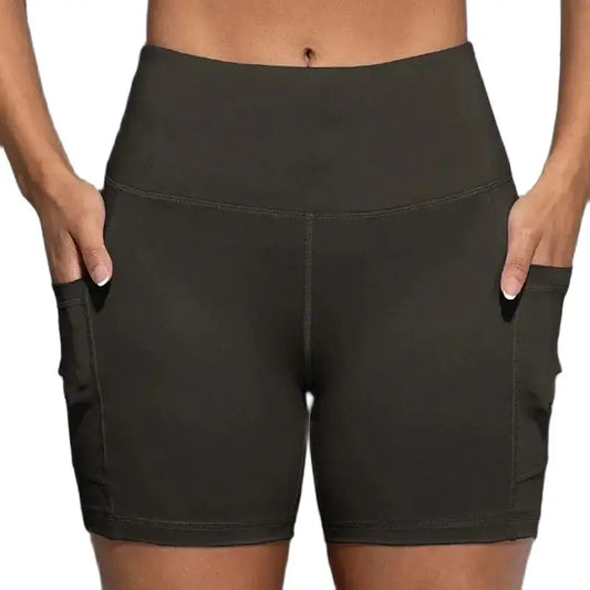 CHRLEISURE Yoga Shorts with Pockets High Waist Butt Lifting Cycling Tight Elastic Slim Running Fitness Women Shorts Sportswear