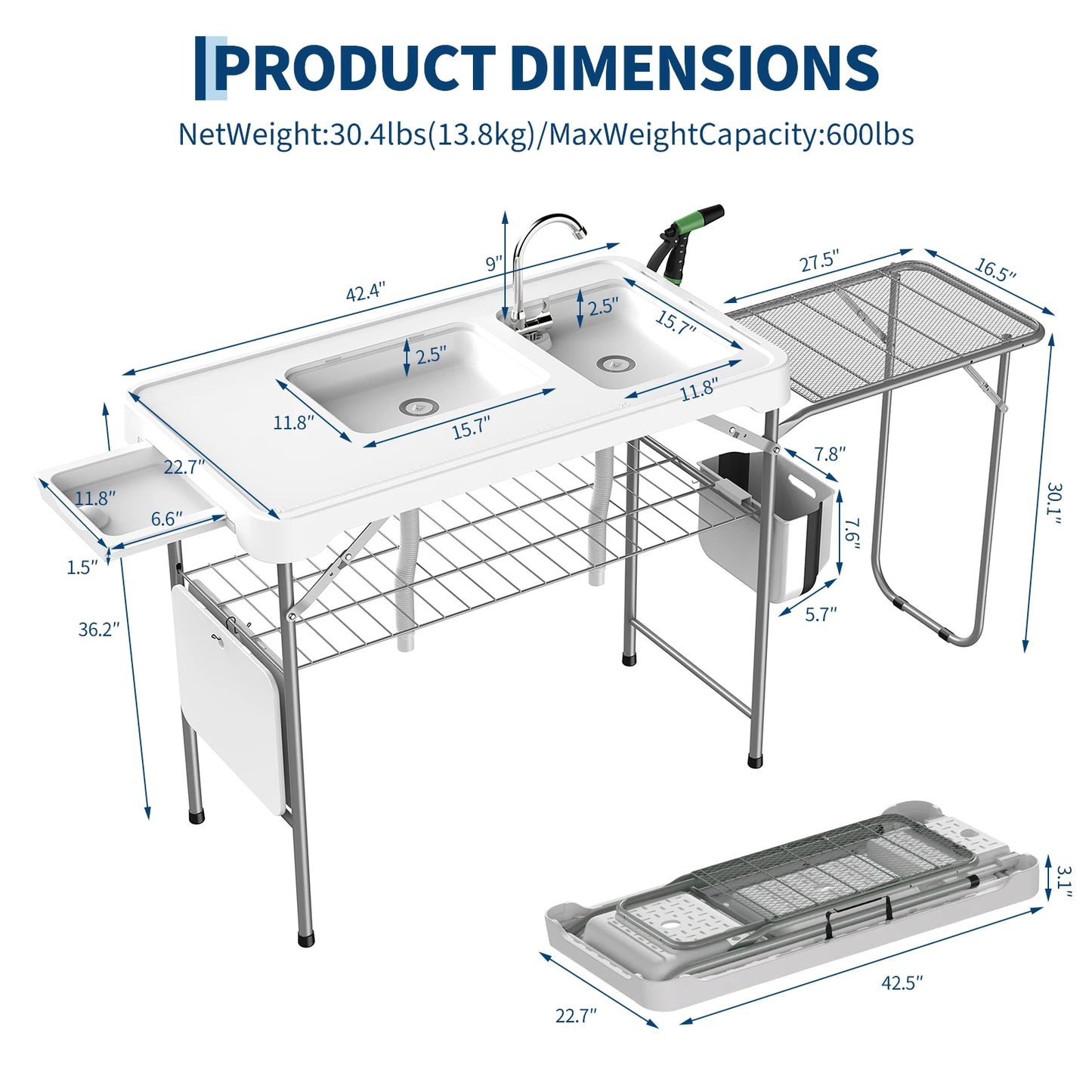 Fish Cleaning Table, Folding Camping Table with Folding Grill Extension Board, Portable Fish Cleaning Station with Dual Sinks, Drainage Hose, Sprayer, Grid Rack for Patio Backyard BBQ