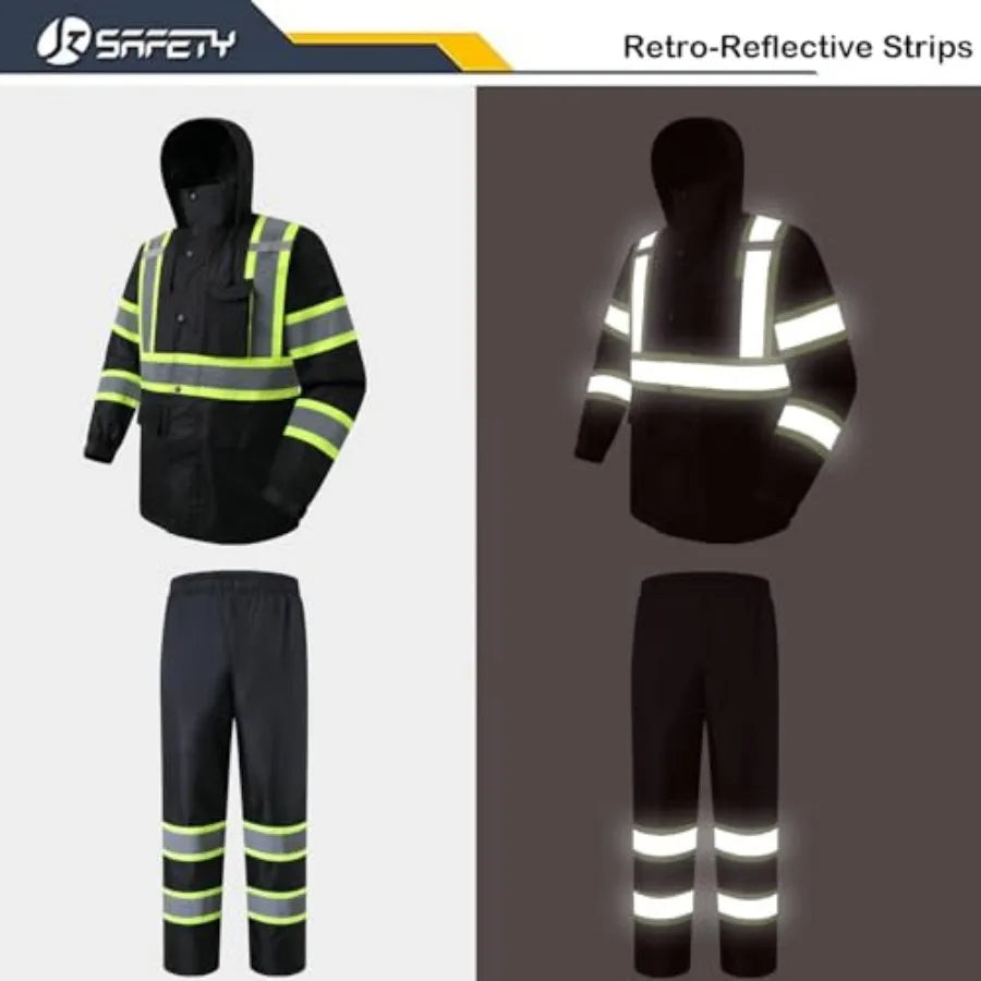 Hi-Vis Reflective Safety Rain Jacket and Pants for Men Women Waterproof Rain Gears for Farming Fishing Work HV Rain Suit with I