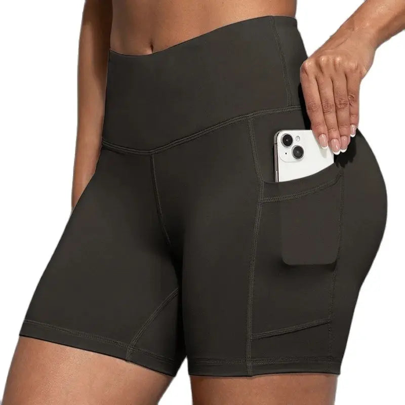 CHRLEISURE Yoga Shorts with Pockets High Waist Butt Lifting Cycling Tight Elastic Slim Running Fitness Women Shorts Sportswear
