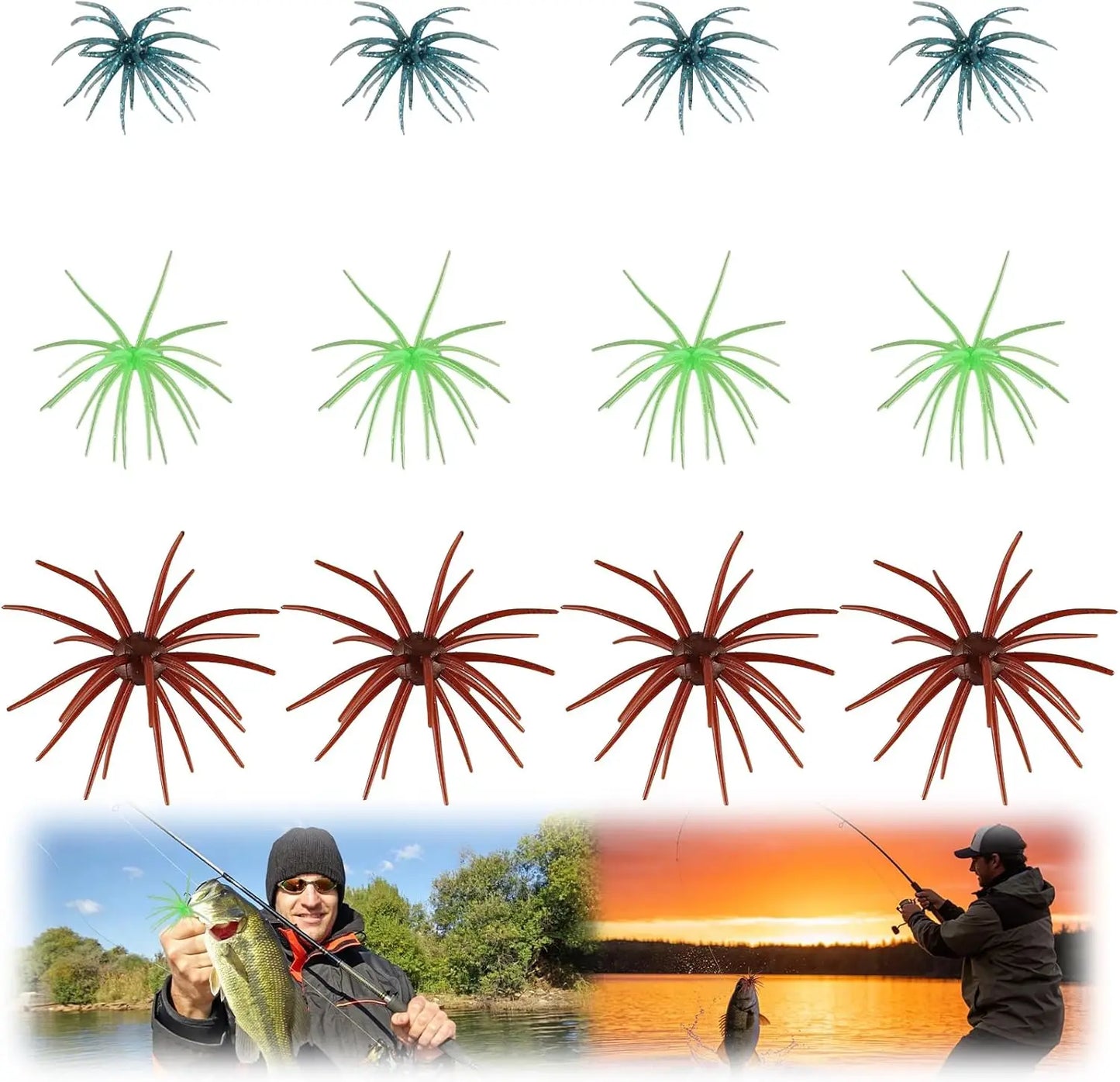 3-Size Sea Urchin Soft Creature Baits, 12 Pcs Bass Fishing Lures, TPR Plastic Drop Shot Wacky Rig Kit for Lake River
