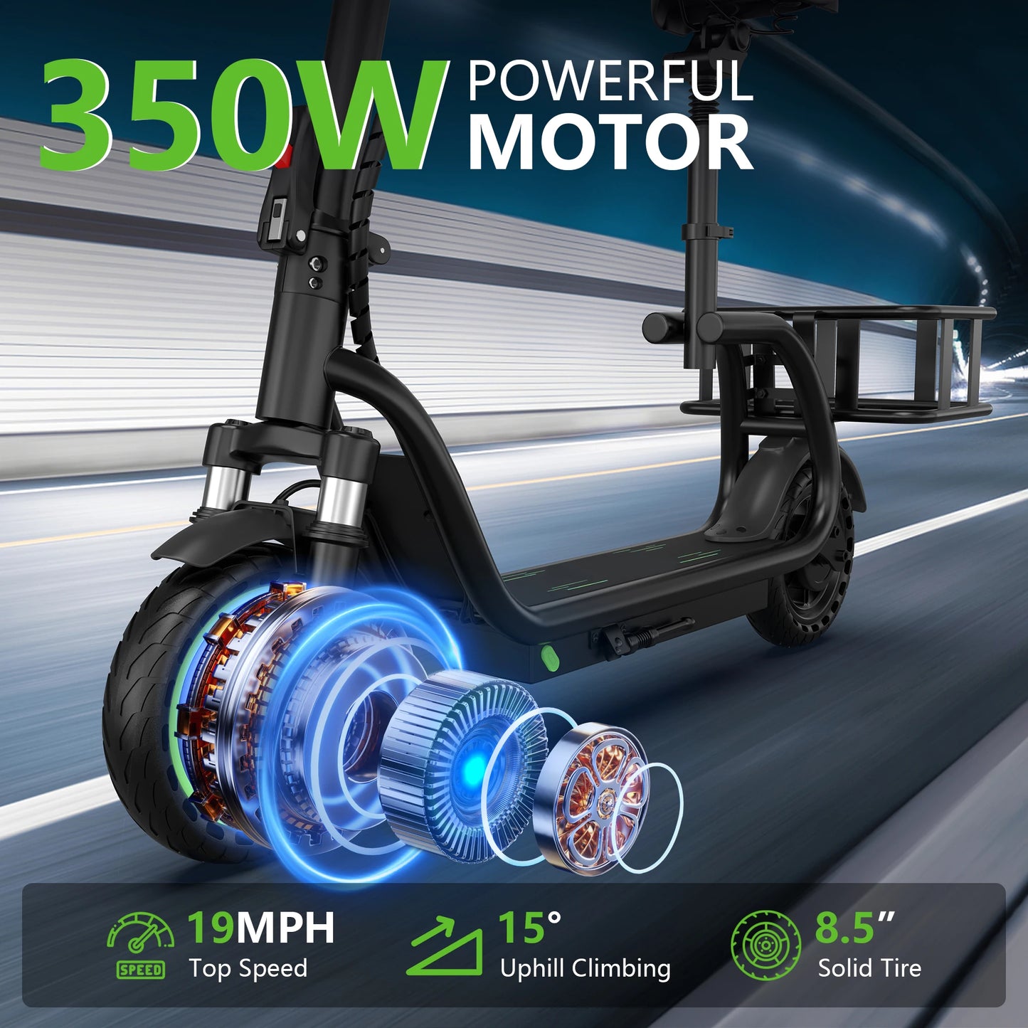 Maxshot 8.5'' Electric Scooter with Seat & basket,350W Motor, Top Speed 19mph, Max 17/25 Miles Ranges, Foldable E-Scooter with Suspension &Adult, Digital Display, Cruise Control