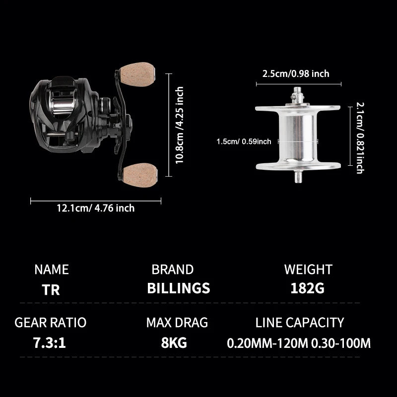 BILLINGS Baitcasting Fishing Reel 8KG Max Drag 7.3:1 High Speed Gear Ratio Magnetic Brake System Smooth Casting Freshwater Saltwater Bait Caster Reel