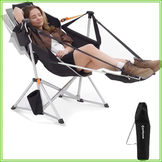 Heavy Duty Hammock Chair with Footrest – Folding Oversized Rocker for Adults up to 400lbs, with Cup Holder & Pillow for Outdoor Beach Lawn RV Sports