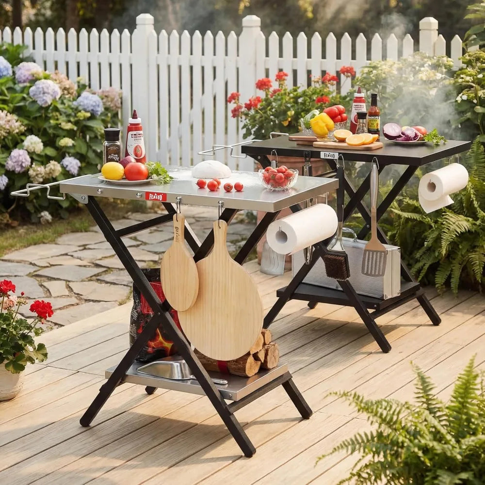 Foldable Outdoor Grill Table, Pizza Oven Stand & Griddle Stand with Garage Rack & Tissue Holder, 30" x 24" Stainless Steel