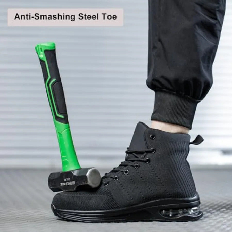 Steel Toe Work Boots for Men or Women, High Top Slip Resistant Safety Shoes Puncture Proof Comfortable Air Cushion Tennis Boots