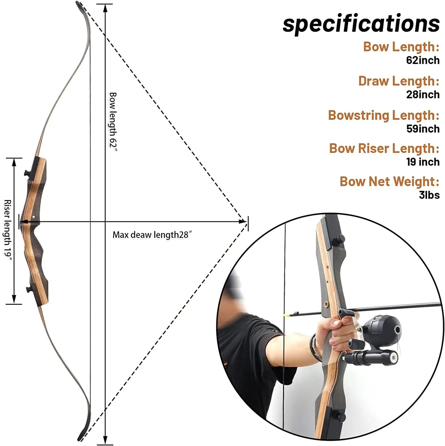 62" Archery Bowfishing Reel Kit 25-50lbs Archery Set Adult Takedown Recurve Bow for Hunting Right Hand Fishing Bow