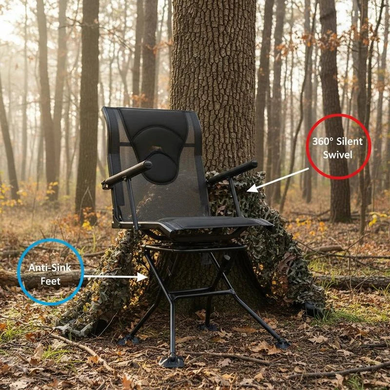 Folding chair, camping chair, fishing chair with armrests, adjustable carrying strap, and steel frame; folding garden chair (136 kg load capacity); 360° silent swivel; for picnics, garden, and outdoor use