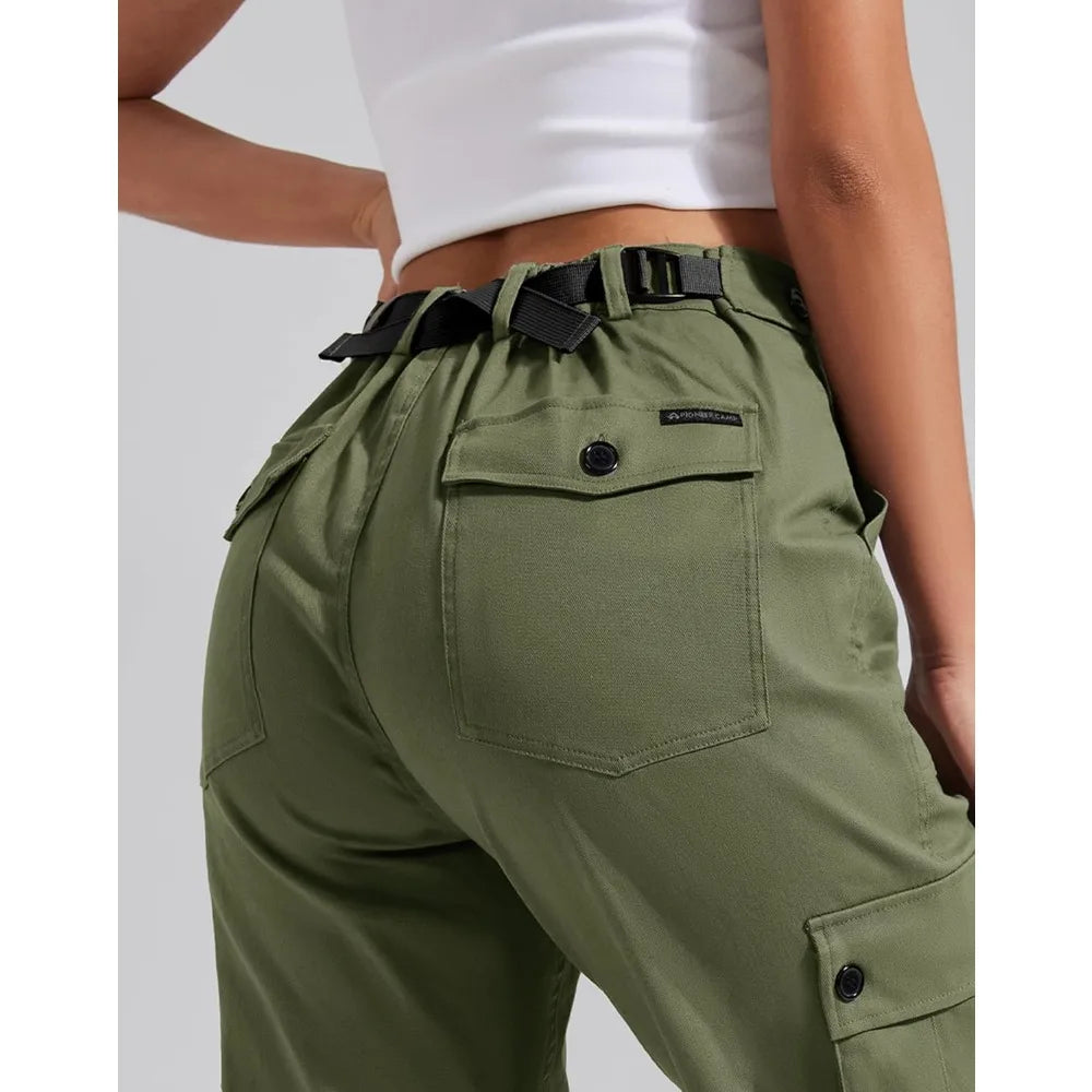 Pioneer Camp Women's Stretchy Cargo Pants with Pockets Cotton Climbing Hiking Casual High-Rise Joggers Adjustable Waist