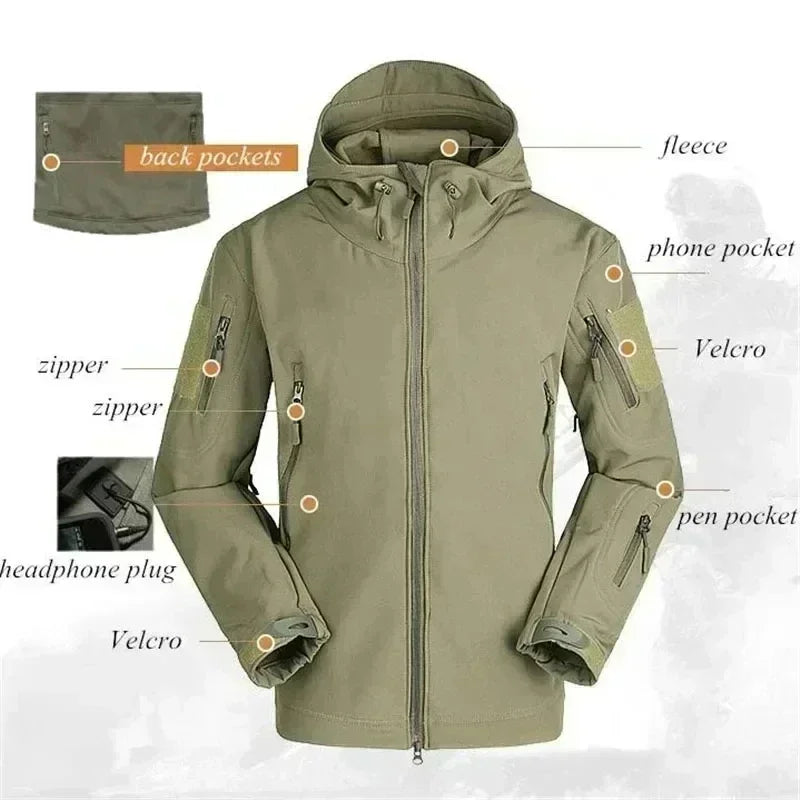 6XL TAD Tactical Men Hunting Hiking Fishing Explore Clothes Suit Camouflage Shark Skin Hunting Waterproof Hooded Jacket+Pants
