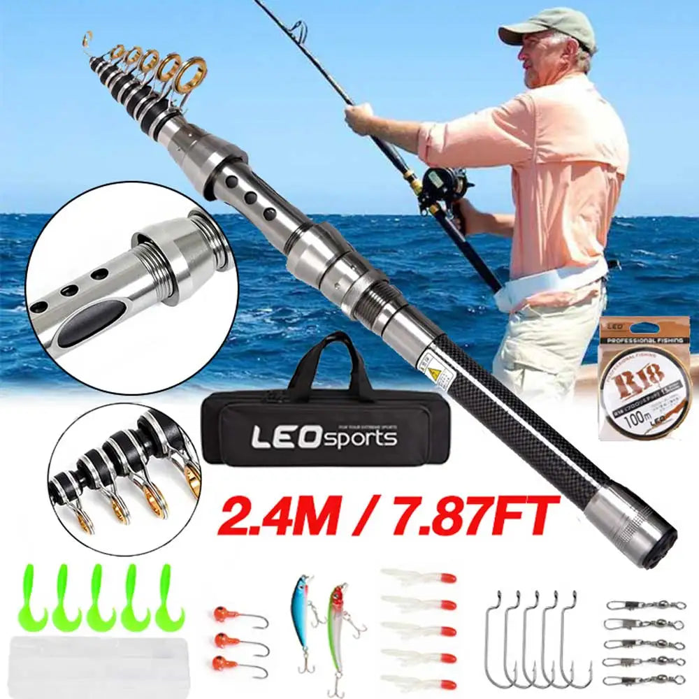 2.4m-10 Sections Fishing Rod Reel Combo Full Kit Telescopic Fishing Rods Spinning Reels Set with Hooks Soft Lures Barrel Swivels