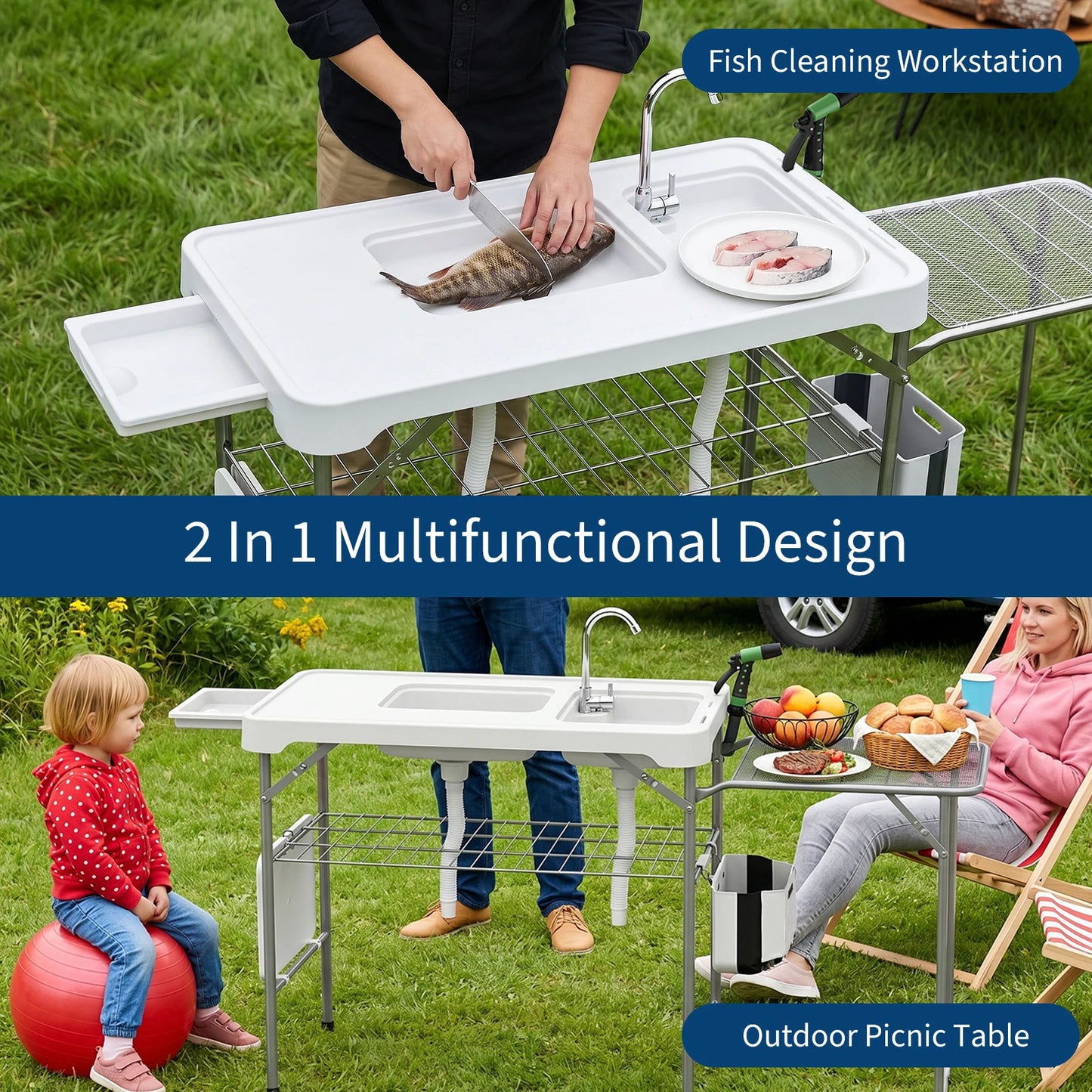 Fish Cleaning Table, Folding Camping Table with Folding Grill Extension Board, Portable Fish Cleaning Station with Dual Sinks, Drainage Hose, Sprayer, Grid Rack for Patio Backyard BBQ