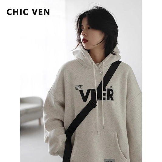CHIC VEN New Women Sweatshirts Loose Casual Retro Hooded Plush Thick Oversized Female Jacket Pullover Coat Autumn Winter 2025