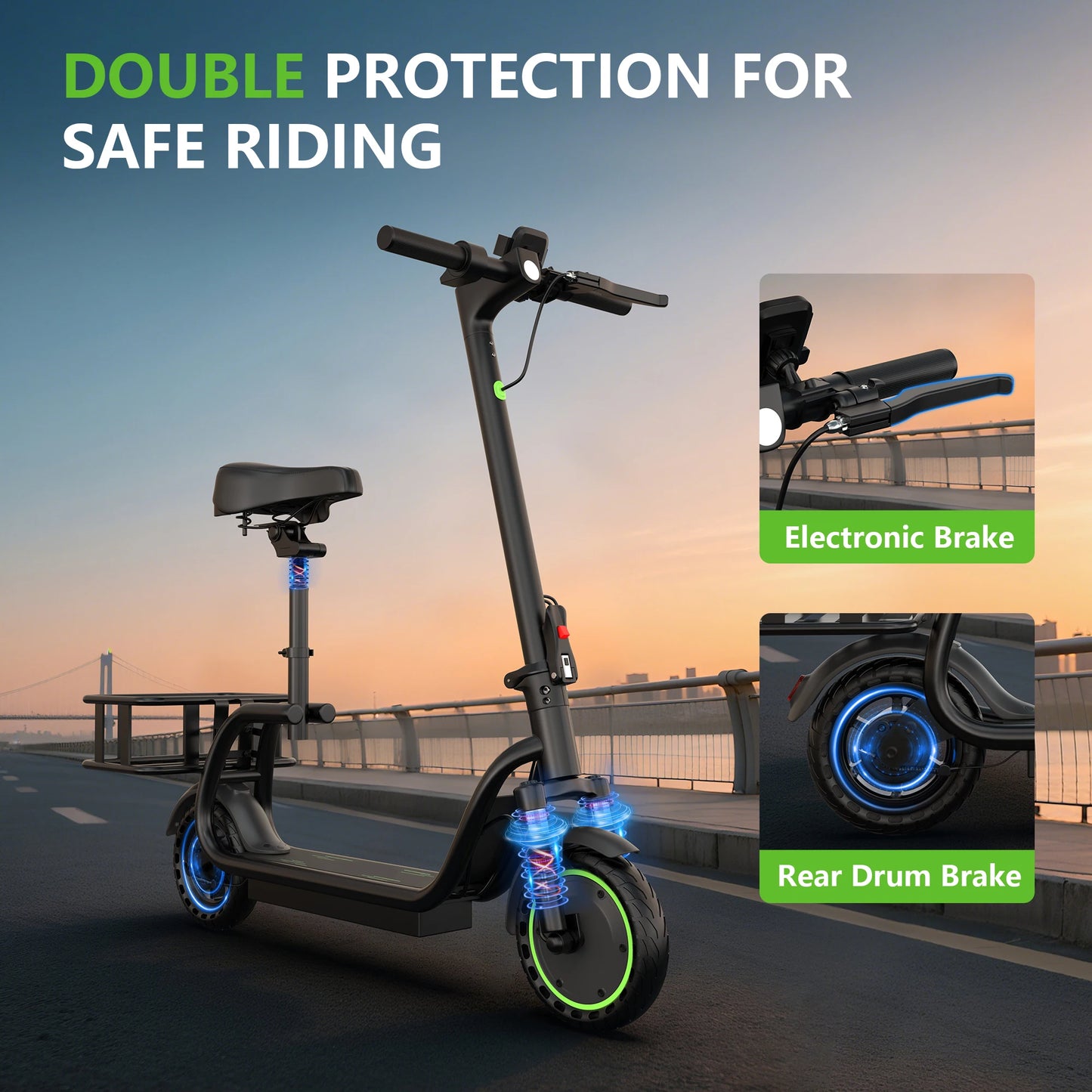 Maxshot 8.5'' Electric Scooter with Seat & basket,350W Motor, Top Speed 19mph, Max 17/25 Miles Ranges, Foldable E-Scooter with Suspension &Adult, Digital Display, Cruise Control