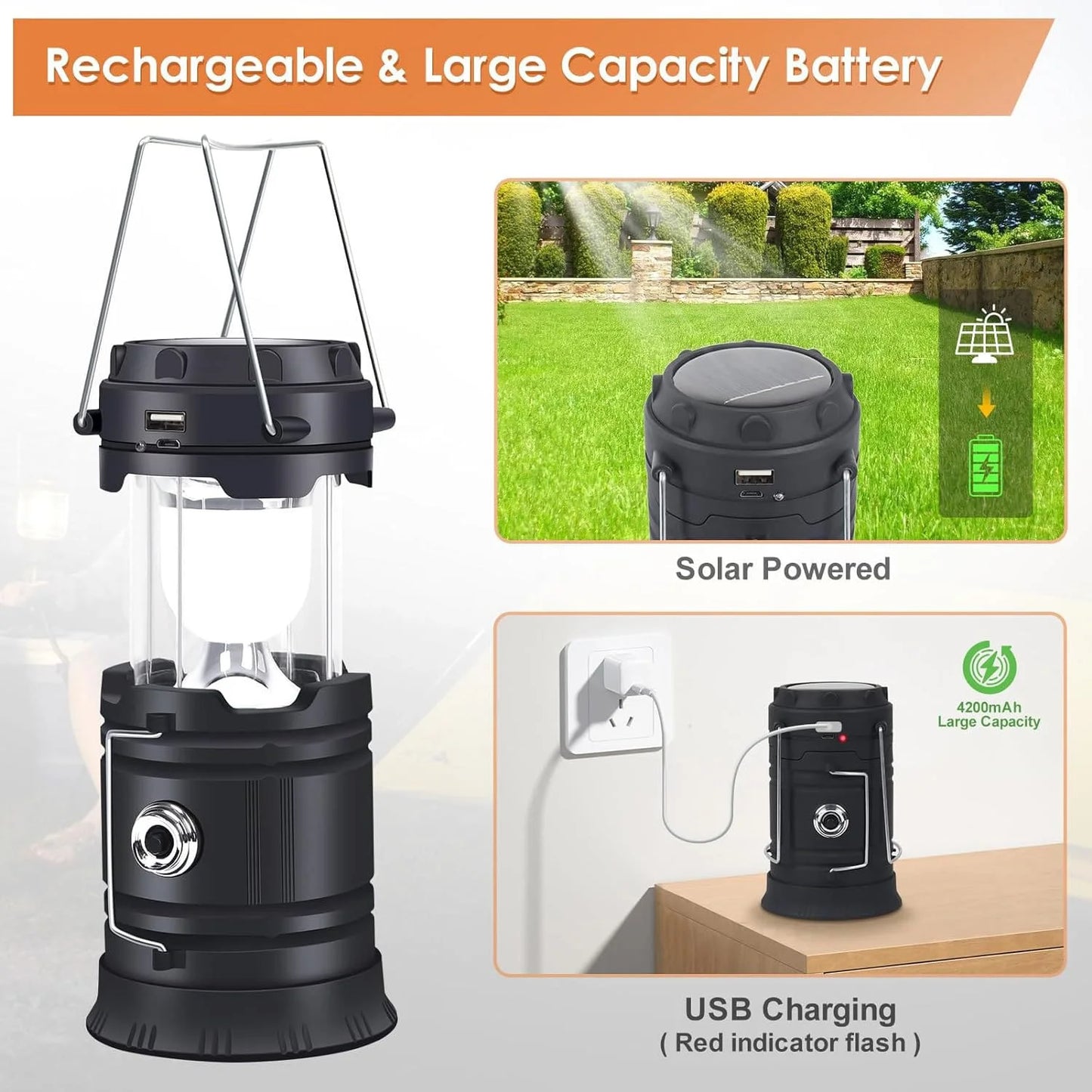 Portable Foldable LED Camping Lamp, Solar Self-Charging Waterproof, Outdoor Hiking, Home Power Outage Emergency Lighting