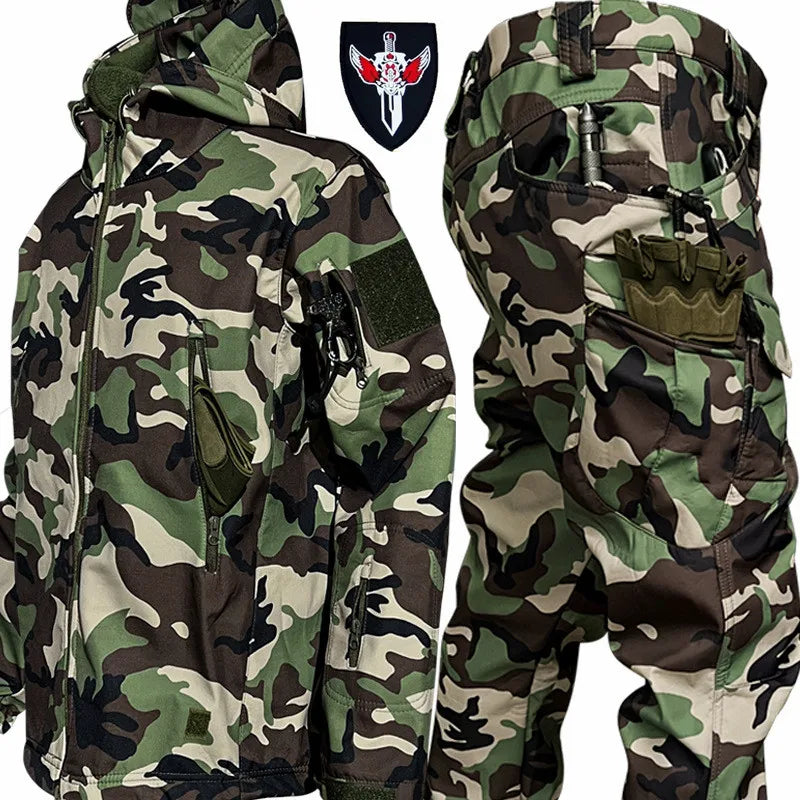 6XL TAD Tactical Men Hunting Hiking Fishing Explore Clothes Suit Camouflage Shark Skin Hunting Waterproof Hooded Jacket+Pants