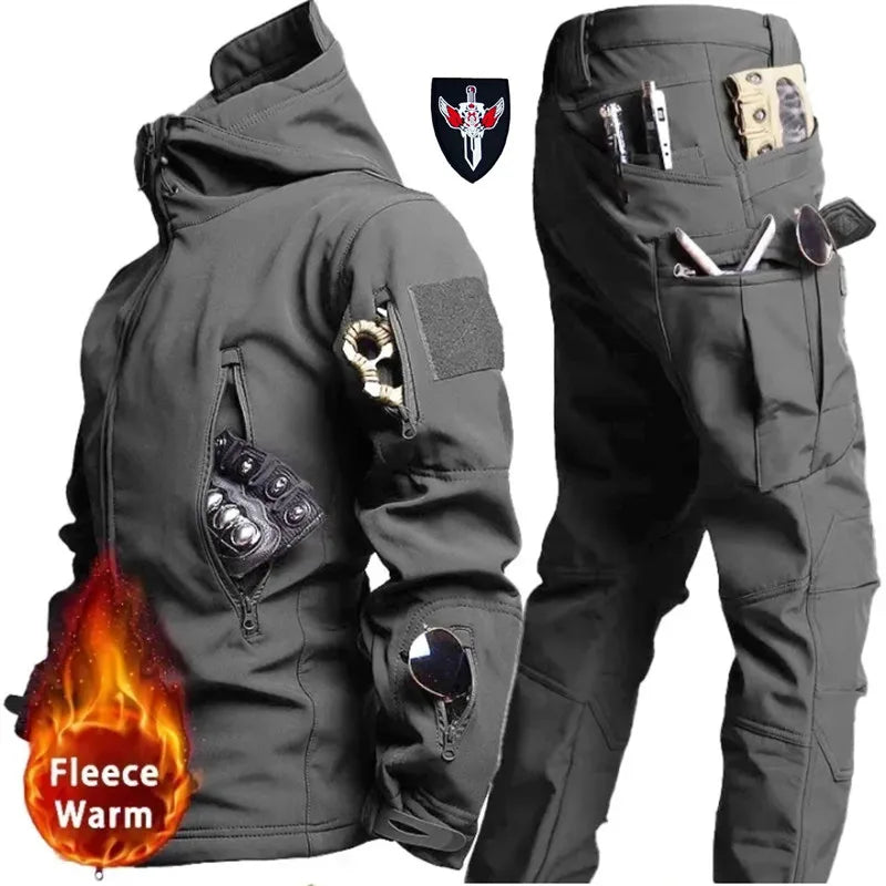 6XL TAD Tactical Men Hunting Hiking Fishing Explore Clothes Suit Camouflage Shark Skin Hunting Waterproof Hooded Jacket+Pants