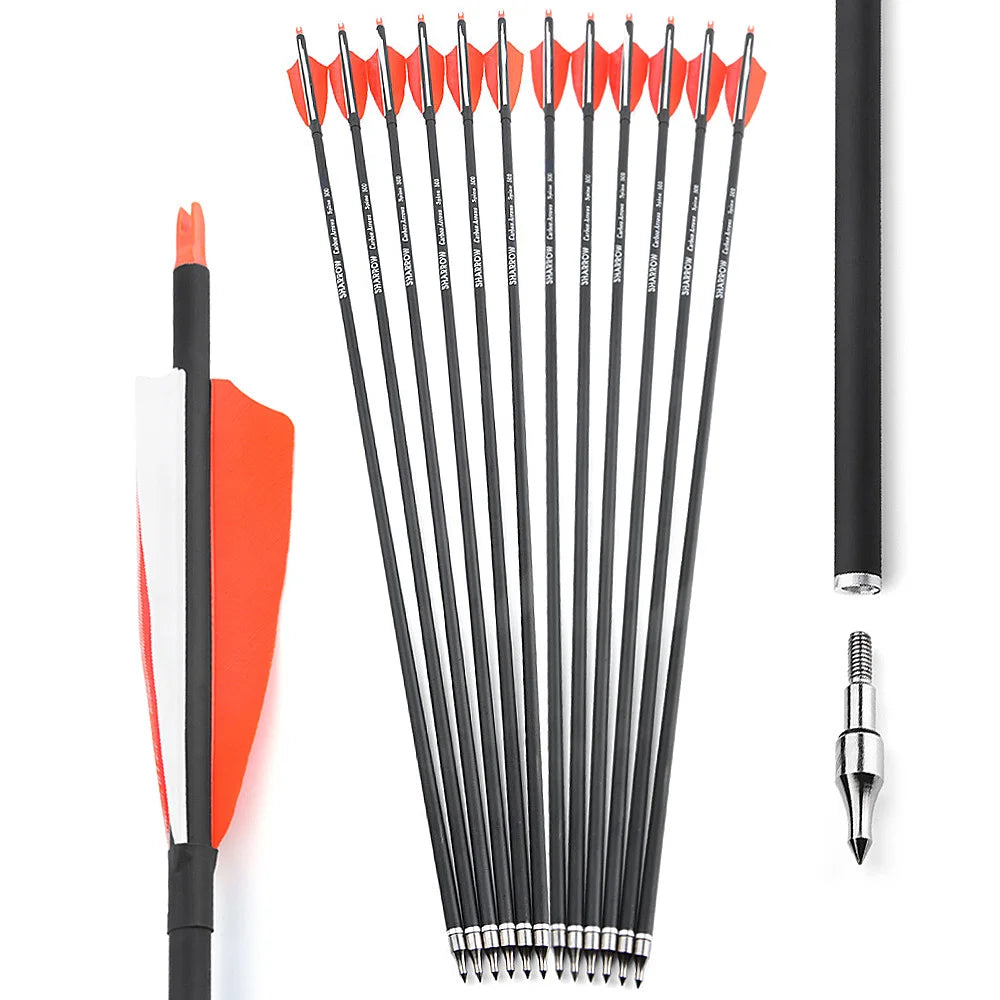 12pcs Mixed Carbon Arrows 4inch Turkey Feather Spine 500 ID6.2mm OD7.8mm Shaft 100 Gr Arrowheads Bow Hunting Shooting Acc