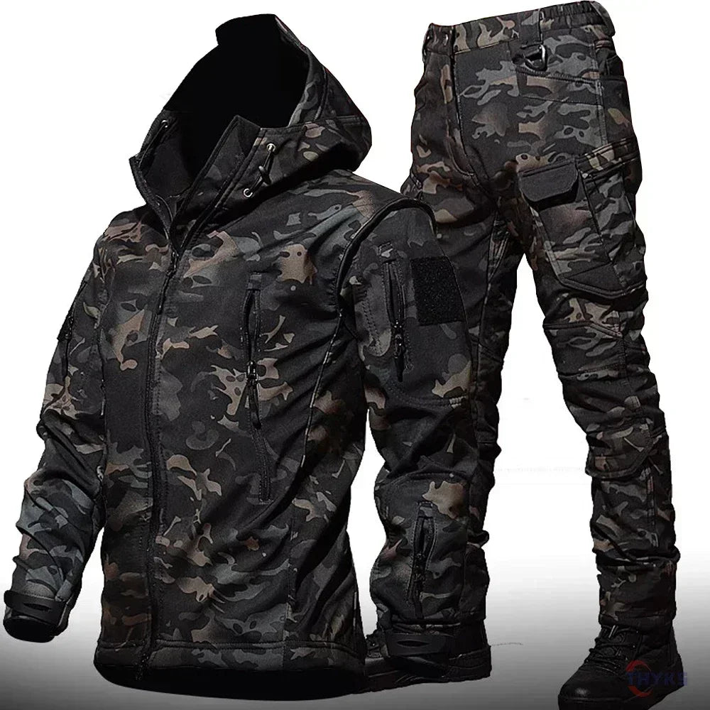 6XL TAD Tactical Men Hunting Hiking Fishing Explore Clothes Suit Camouflage Shark Skin Hunting Waterproof Hooded Jacket+Pants