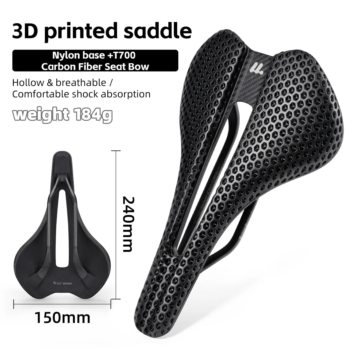 WEST BIKING 3D Printed Bicycle Saddle T700 Carbon Fiber/Titanium Alloy/Cr-Mo Seat Bow Comfort Cushion For Road Bikes 145/150mm