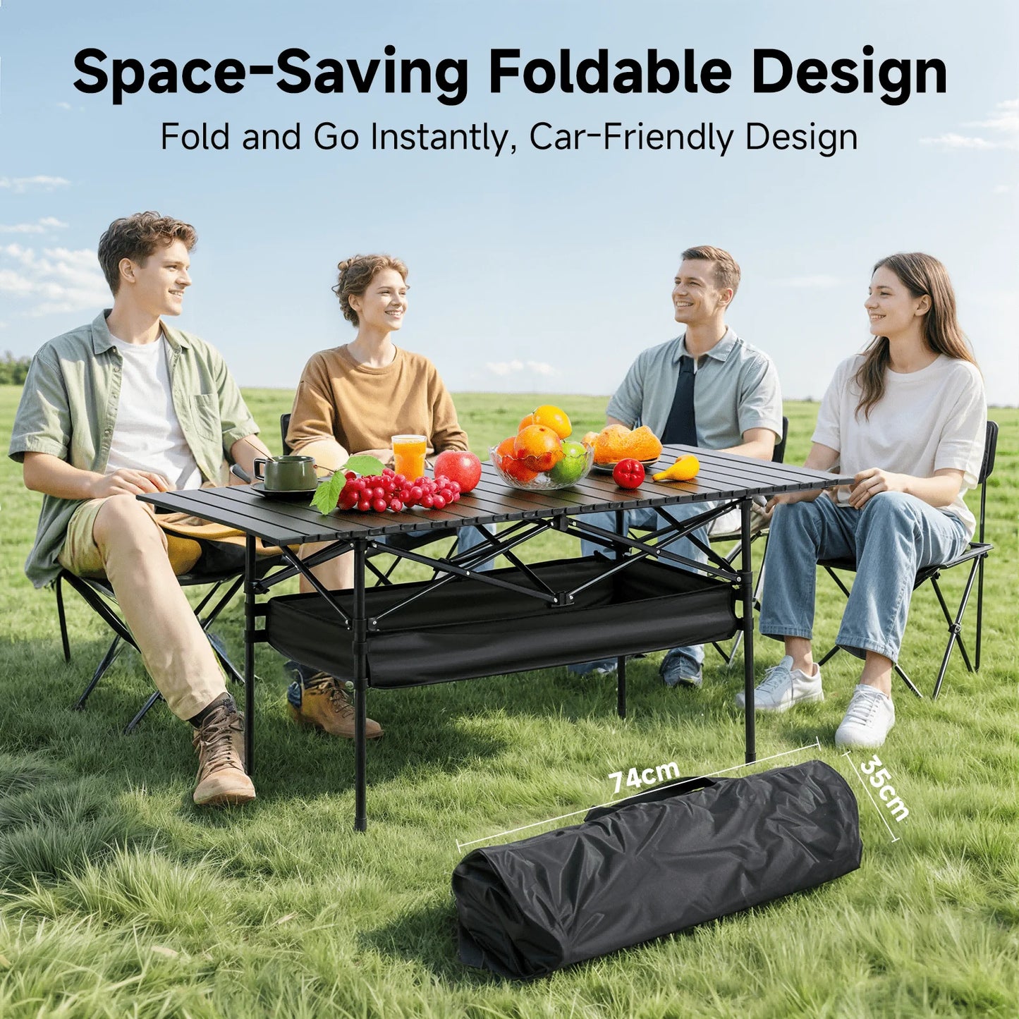 Senmeo Camping Table, Fold Up Lightweight, 4-6 Person Portable Roll Up Aluminum Table With Carry Bag For Outdoor, Support Up To
