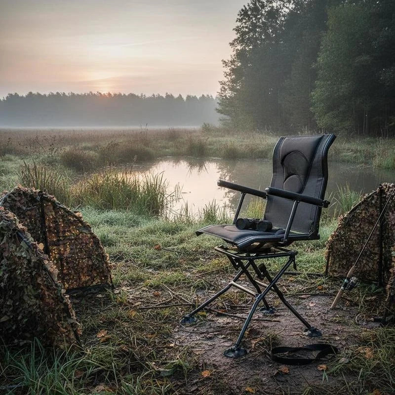 Folding chair, camping chair, fishing chair with armrests, adjustable carrying strap, and steel frame; folding garden chair (136 kg load capacity); 360° silent swivel; for picnics, garden, and outdoor use