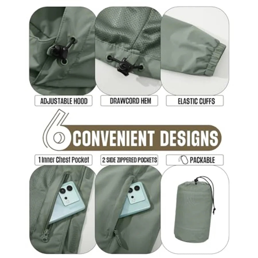 33, 000Feet Men's Packable Rain Jacket Waterproof Lightweight Raincoat Rain Shell with Hood for Outdoor Hiking Golf Travel