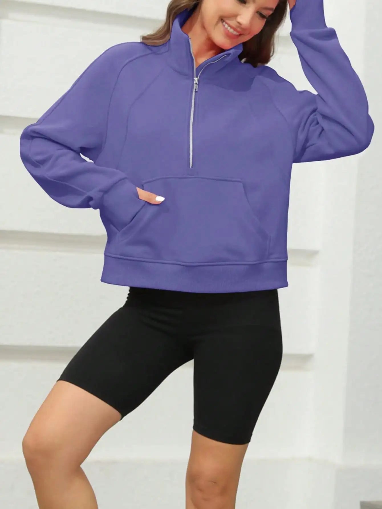 Women Half Zip Crop Sweatshirt Fleece Lined Pullover Funnel Neck Thumb Holes Y2K Streetwear Winter Outfit