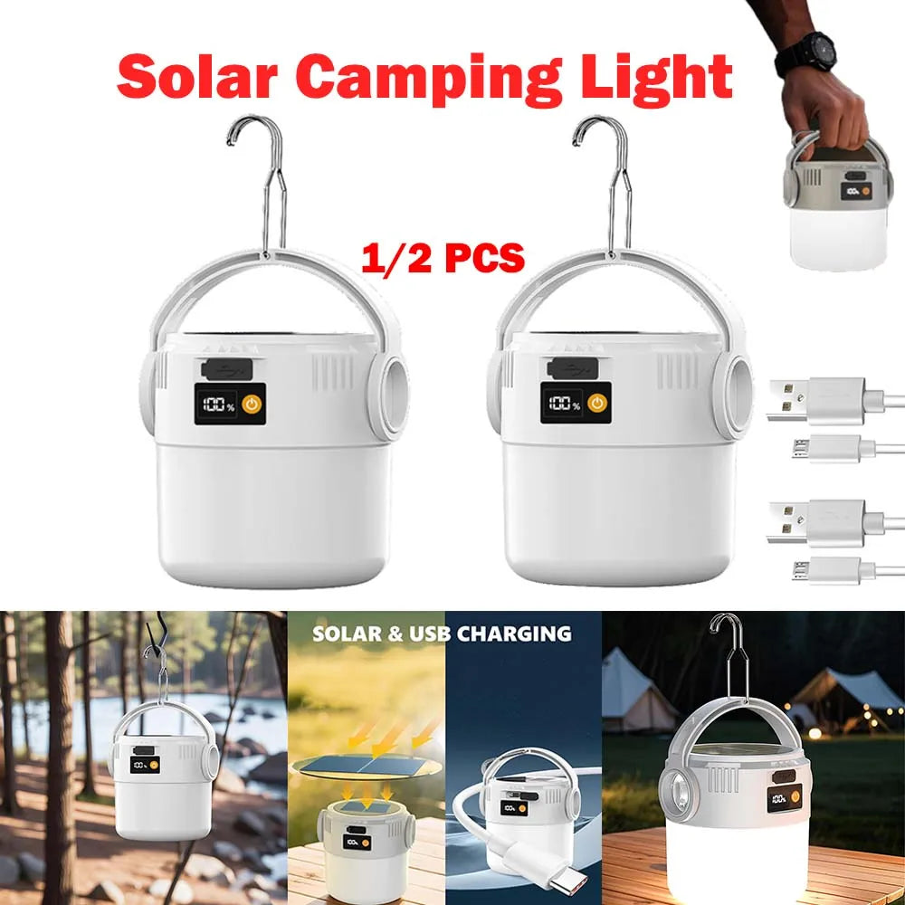 1/2Pcs Solar Camping Lights Outdoor Waterproof Multifunctional Tent Flashlight USB And Solar Charge Atmosphere Light with Hook