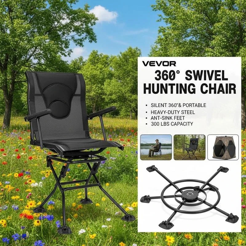 Folding chair, camping chair, fishing chair with armrests, adjustable carrying strap, and steel frame; folding garden chair (136 kg load capacity); 360° silent swivel; for picnics, garden, and outdoor use