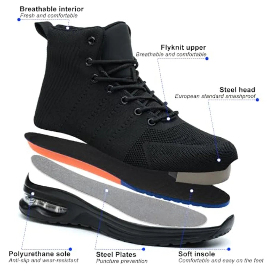 Steel Toe Work Boots for Men or Women, High Top Slip Resistant Safety Shoes Puncture Proof Comfortable Air Cushion Tennis Boots