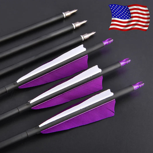 12pcs Mixed Carbon Arrows 4inch Turkey Feather Spine 500 ID6.2mm OD7.8mm Shaft 100 Gr Arrowheads Bow Hunting Shooting Acc