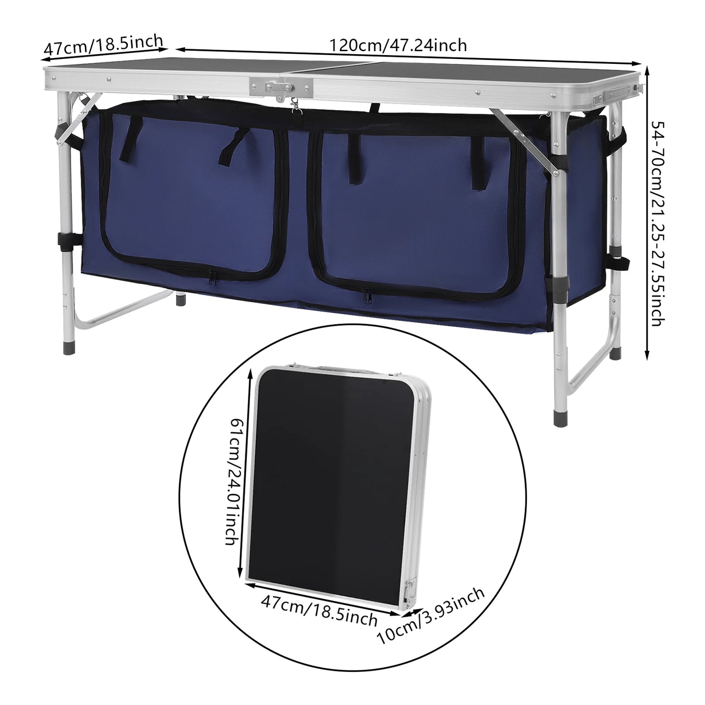 Folding Camping Table Adjustable 21.3-27.6in, Portable Aluminum Table with Storage, 77lbs Capacity for Outdoor