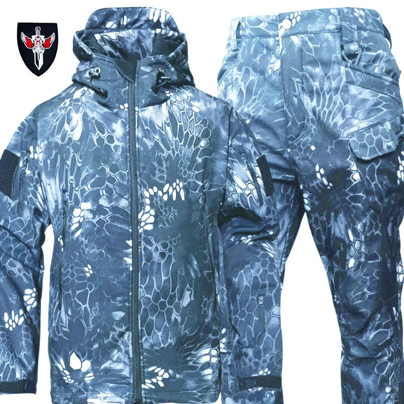 6XL TAD Tactical Men Hunting Hiking Fishing Explore Clothes Suit Camouflage Shark Skin Hunting Waterproof Hooded Jacket+Pants