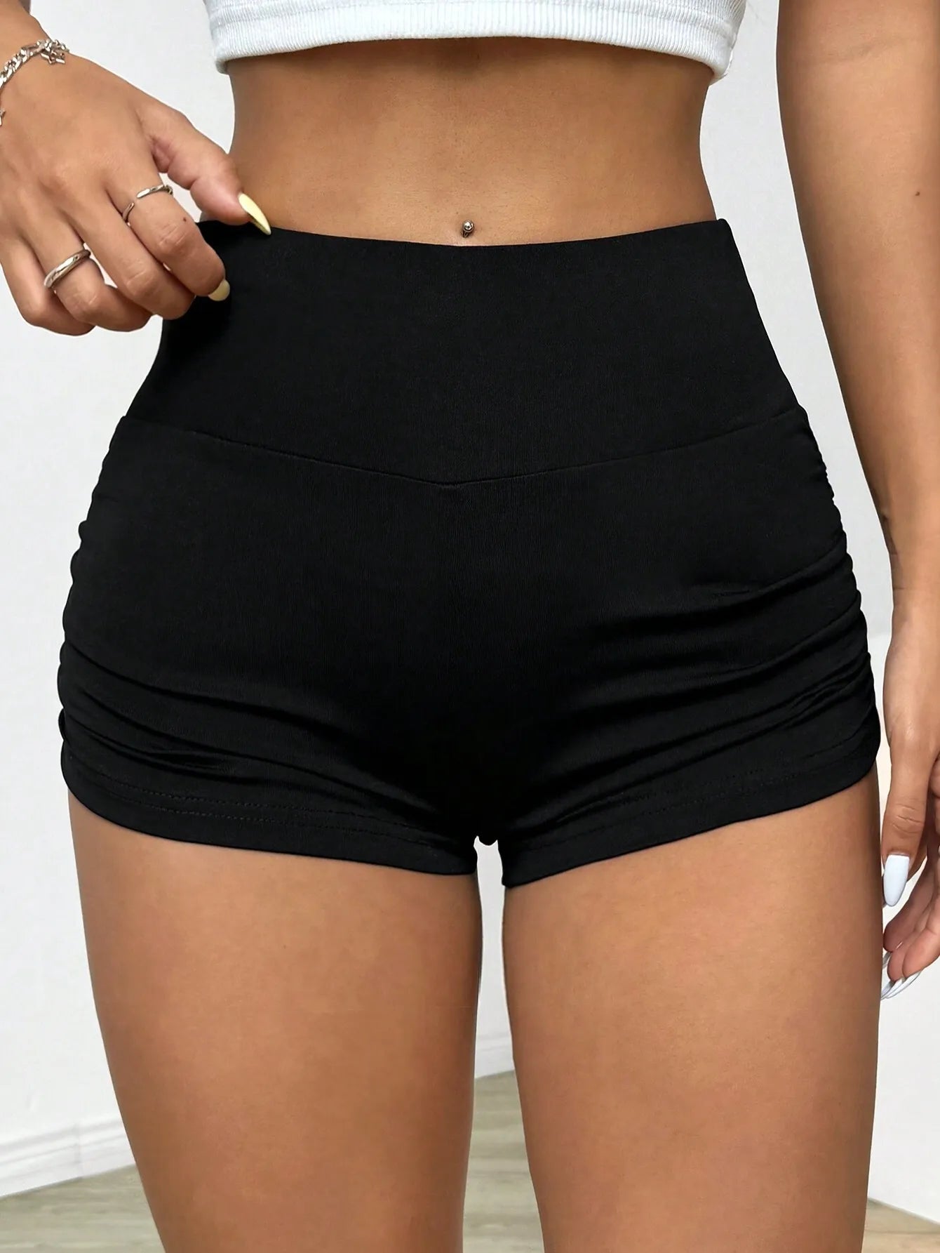 EZwear Ladies' Solid Color Ruched Biker Shorts, Summer Biking,Yoga Sports