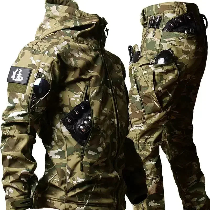 6XL TAD Tactical Men Hunting Hiking Fishing Explore Clothes Suit Camouflage Shark Skin Hunting Waterproof Hooded Jacket+Pants