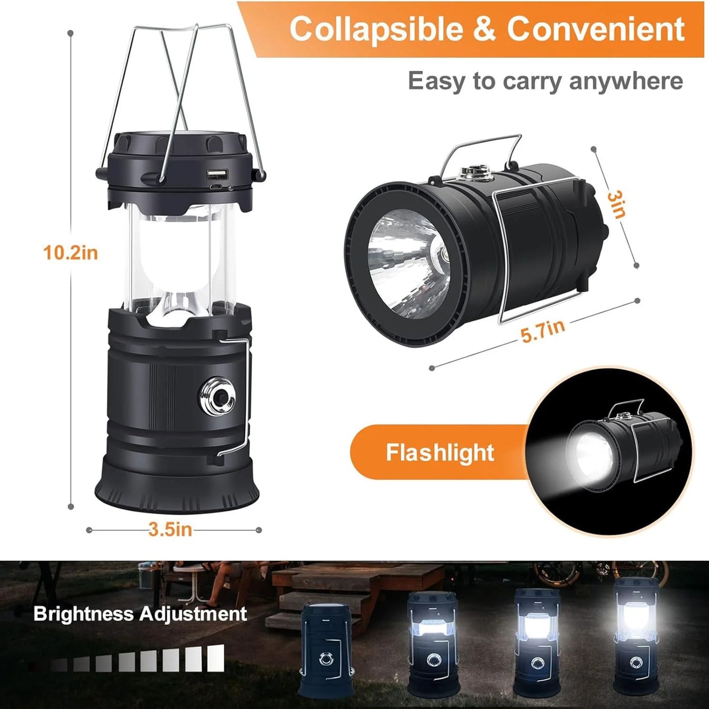 Portable Foldable LED Camping Lamp, Solar Self-Charging Waterproof, Outdoor Hiking, Home Power Outage Emergency Lighting