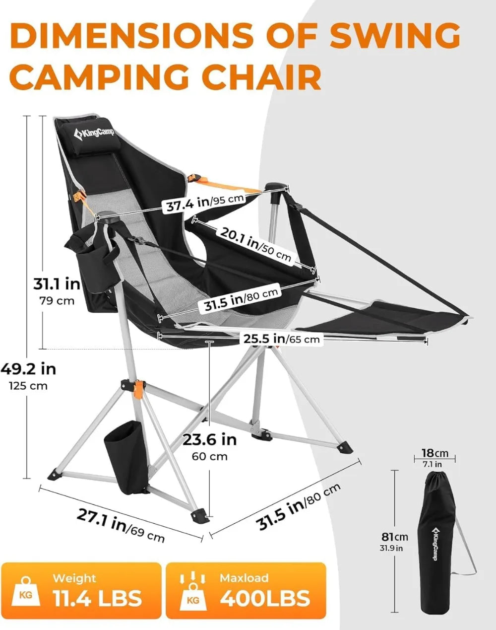 Heavy Duty Hammock Chair with Footrest – Folding Oversized Rocker for Adults up to 400lbs, with Cup Holder & Pillow for Outdoor Beach Lawn RV Sports