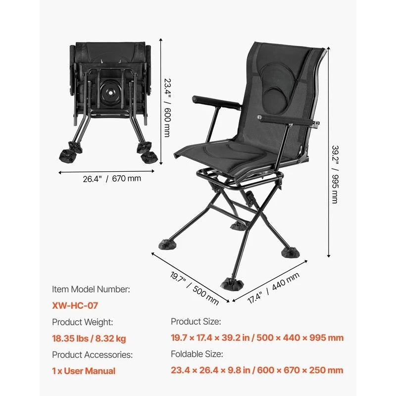 Folding chair, camping chair, fishing chair with armrests, adjustable carrying strap, and steel frame; folding garden chair (136 kg load capacity); 360° silent swivel; for picnics, garden, and outdoor use