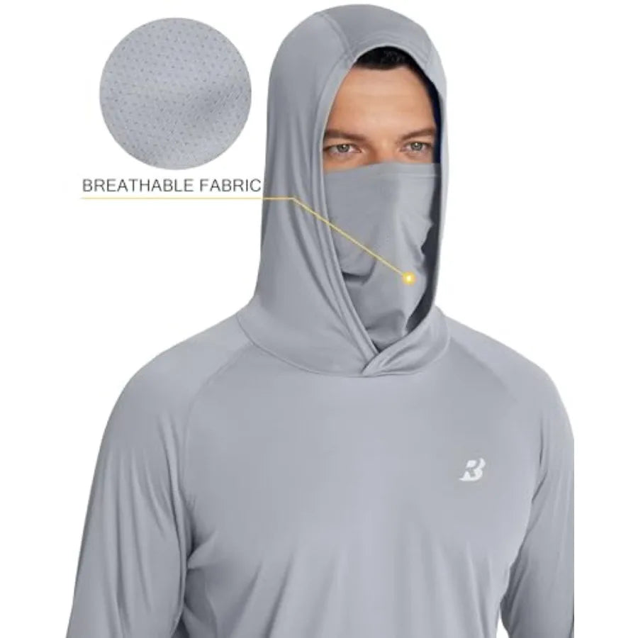 Roadbox Men's UPF 50+ Hooded Fishing Shirts Long Sleeve Sun Protection Hoodie, Hiking Running Swimming Rash Guard with Mask