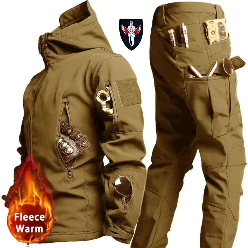 6XL TAD Tactical Men Hunting Hiking Fishing Explore Clothes Suit Camouflage Shark Skin Hunting Waterproof Hooded Jacket+Pants