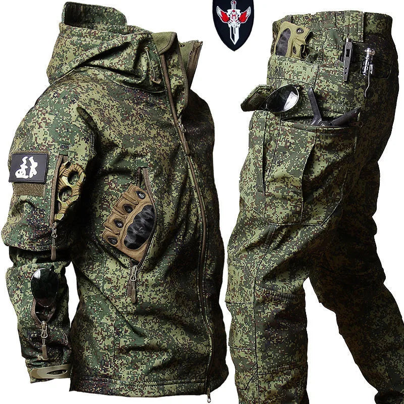 6XL TAD Tactical Men Hunting Hiking Fishing Explore Clothes Suit Camouflage Shark Skin Hunting Waterproof Hooded Jacket+Pants